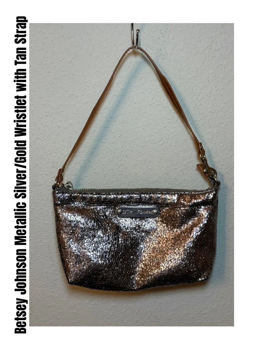 Betsey Johnson Metallic Silver/Gold Wristlet with Tan Strap